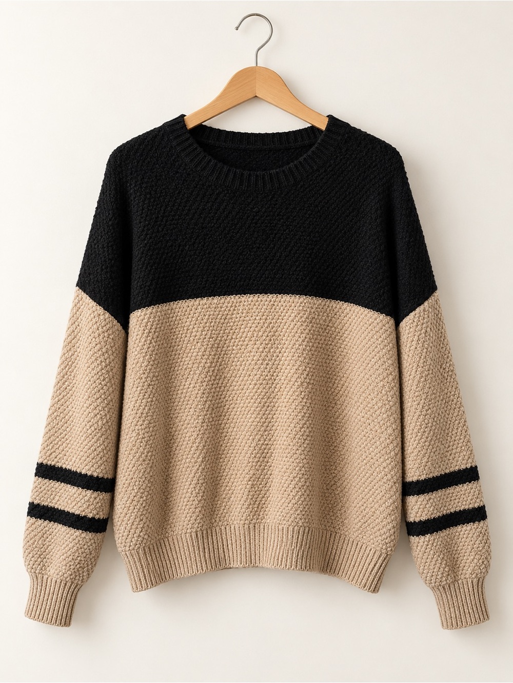 Colorblock Crewneck Sweater in Black and Beige - DOKOTOO